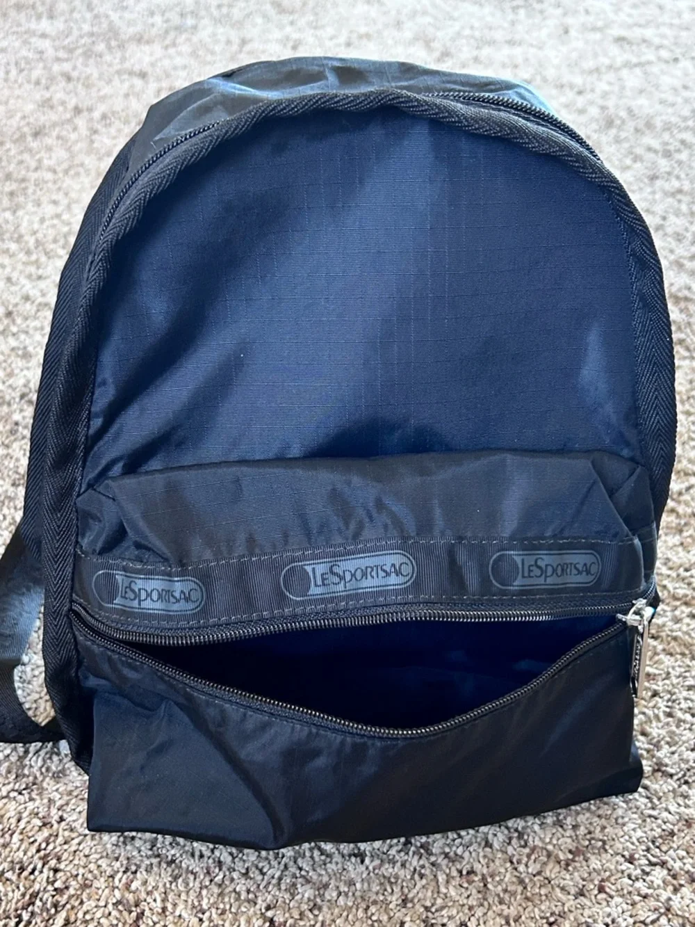 Lesportsac Route Black Nylon Mini Backpack with Front Zip Pocket 9” x 6” 10”